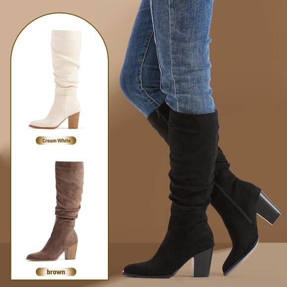 Women's Pointed Toe Knee High Faux Suede Slouch Black Boots Chunky Heel - Picture 6 of 6